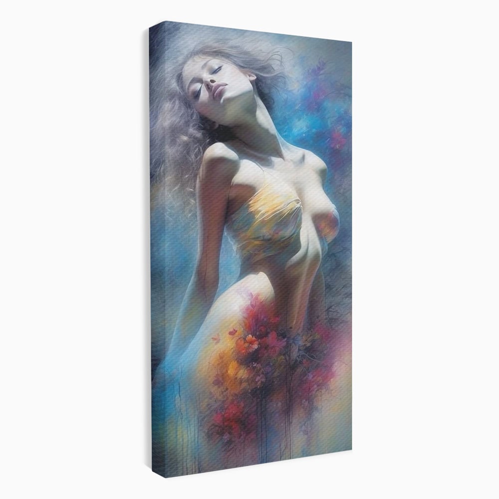 Tablou canvas cu tablou canvas cu femeie si flori, fara rama, pe sasiu de lemn